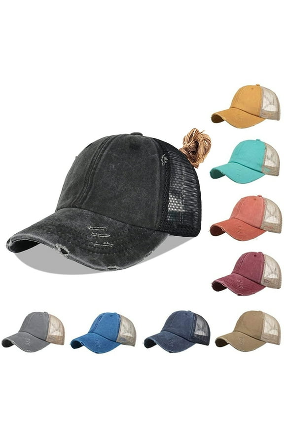 Women Distressed Baseball Cap Mens Mesh Back Sport Hat Versatile Washed Dad Hat with Ponytail Hole