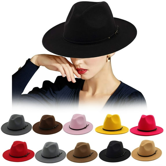Gyouwnl Women Vintage Felt Fedora Hat Wide Brim Wool Panama Hats with Belt Buckle Solid Color Bowler Cap