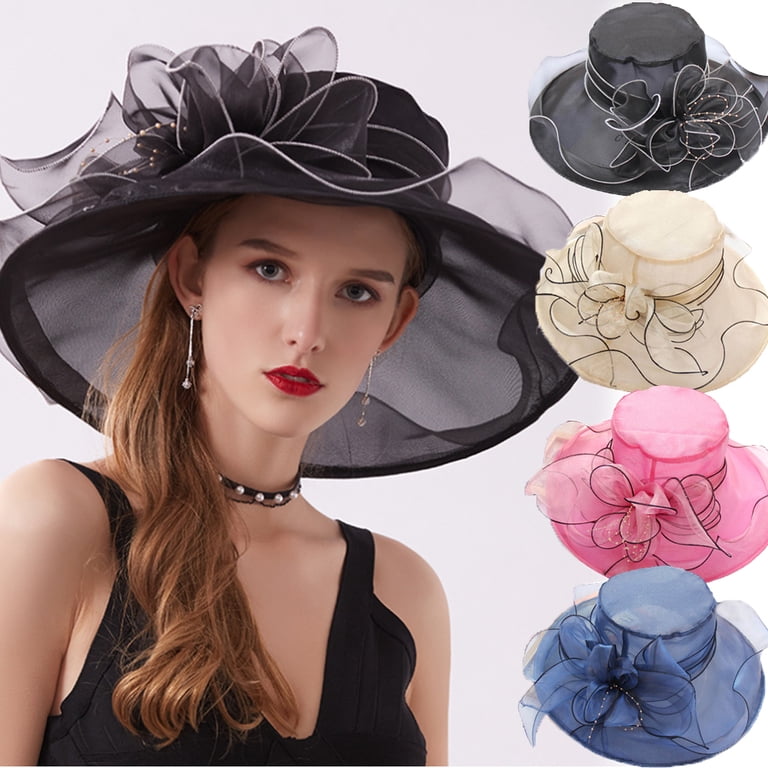 HOT Organza Church Fascinator Bridal Hat Flower-black White womens organza sun hat wide brim bucket cap flower wedding  main image 2
