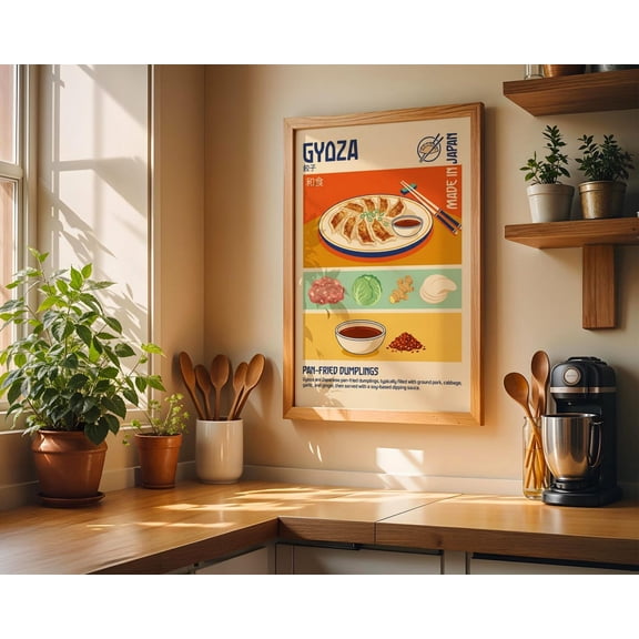 Gyoza Japanese Food Poster, Kitchen Wall Art Print, Dumplings Recipe Illustration, Unframed Paper Poster 8x10in