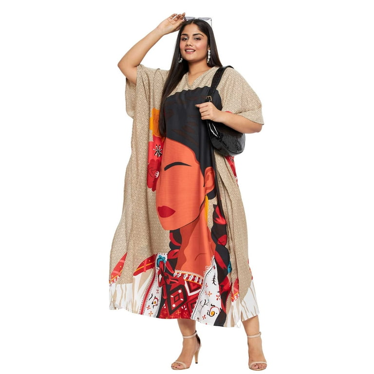 Gypsie Blu Beige Tribal Plus Size Polyester Long Kaftan Dresses