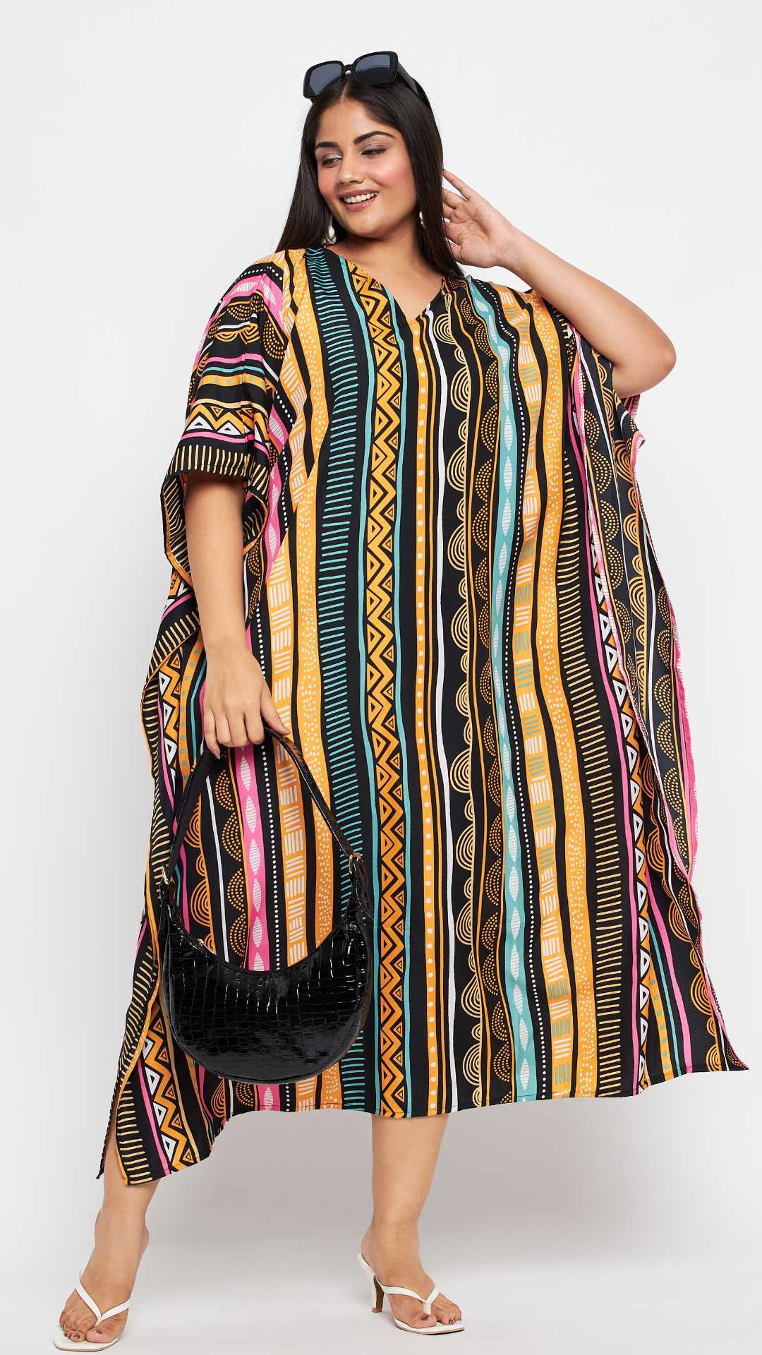 Multicolor Print Tribal Polyester Kaftan For Plus Size Women