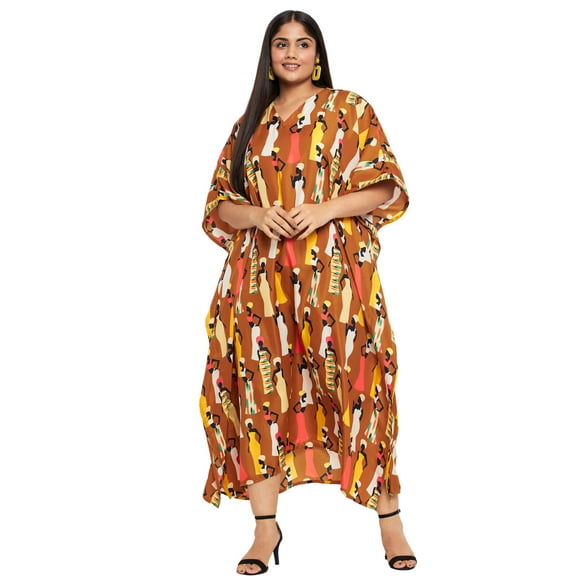 Gypsie Blu Brown Tribal Plus Size Polyester Long Kaftan Dresses for Women