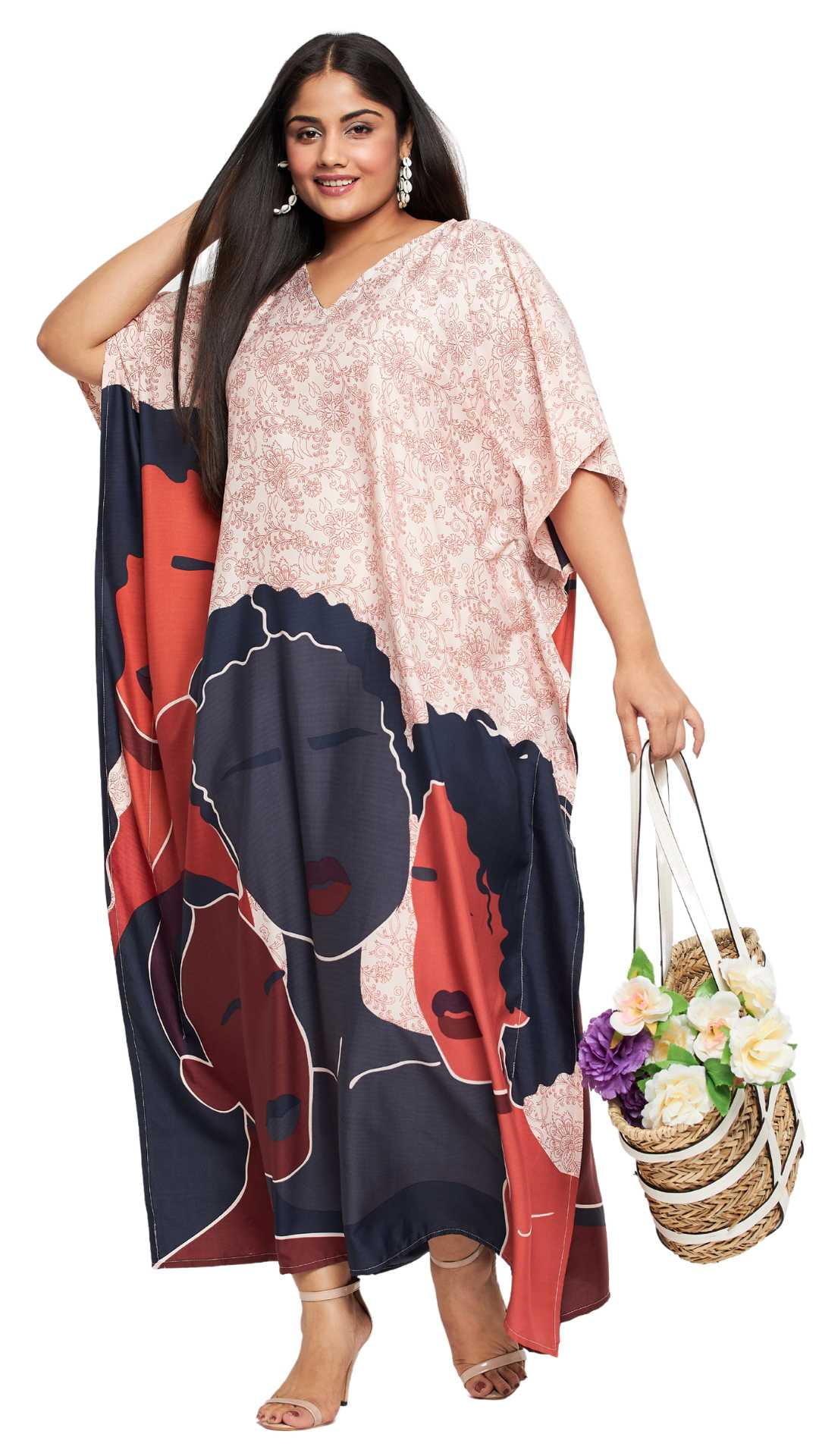 gypsie blu dress Floral Off White Satin Silk Kaftan For Women Plus Size 1X-3X