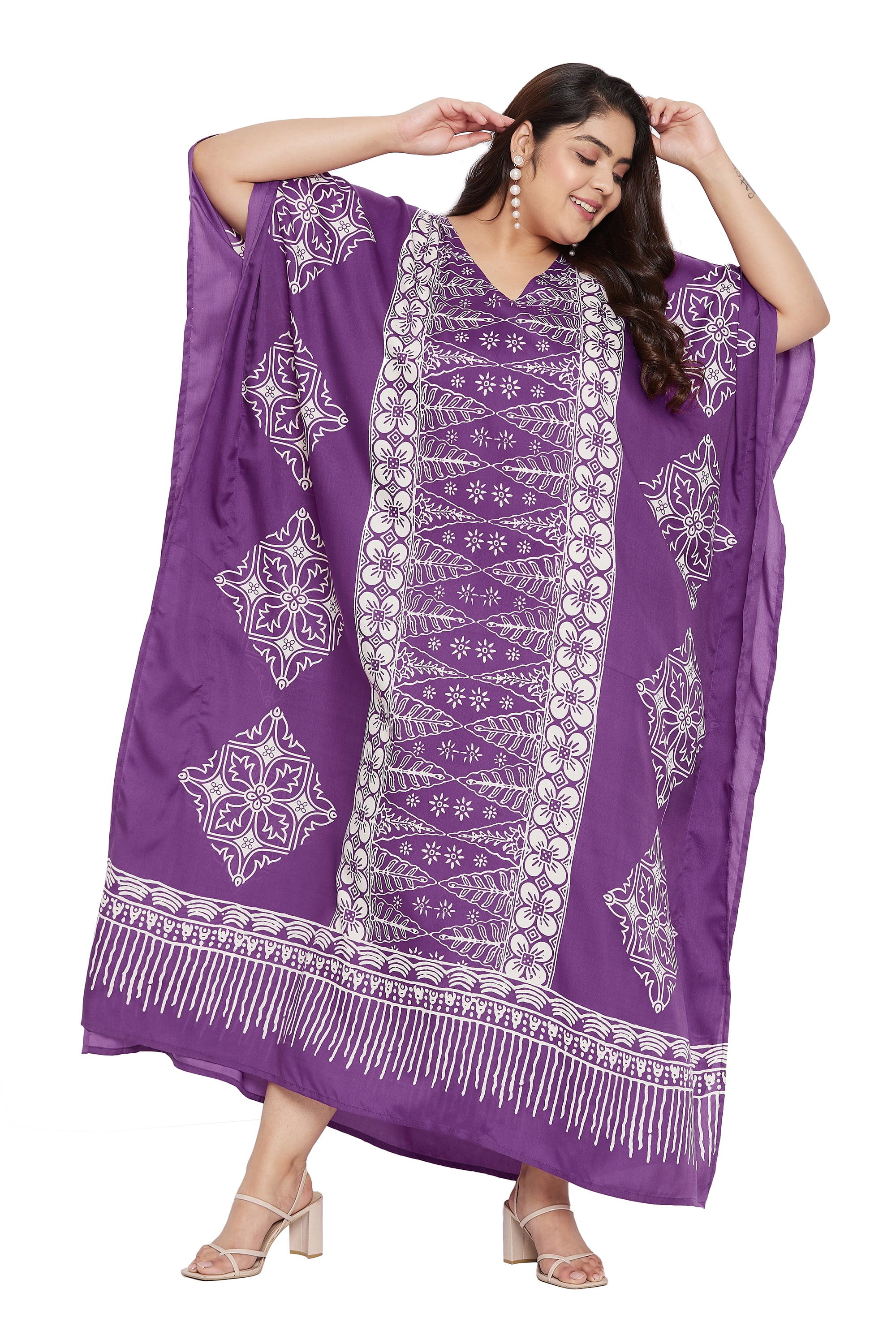 Gypsie Blu Women's Bohemian Kaftan Dress - Floral Maxi Sundress With 3/4 Kimono Sleeves