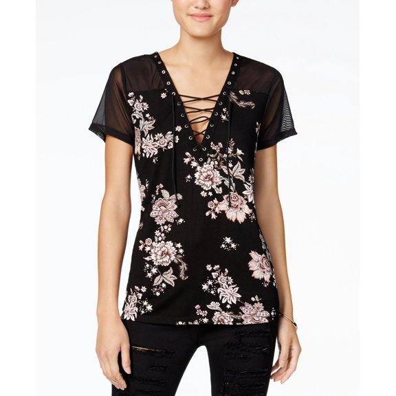 Gypsies Moondust Juniors Lace Up T-Shirt Black Floral XS