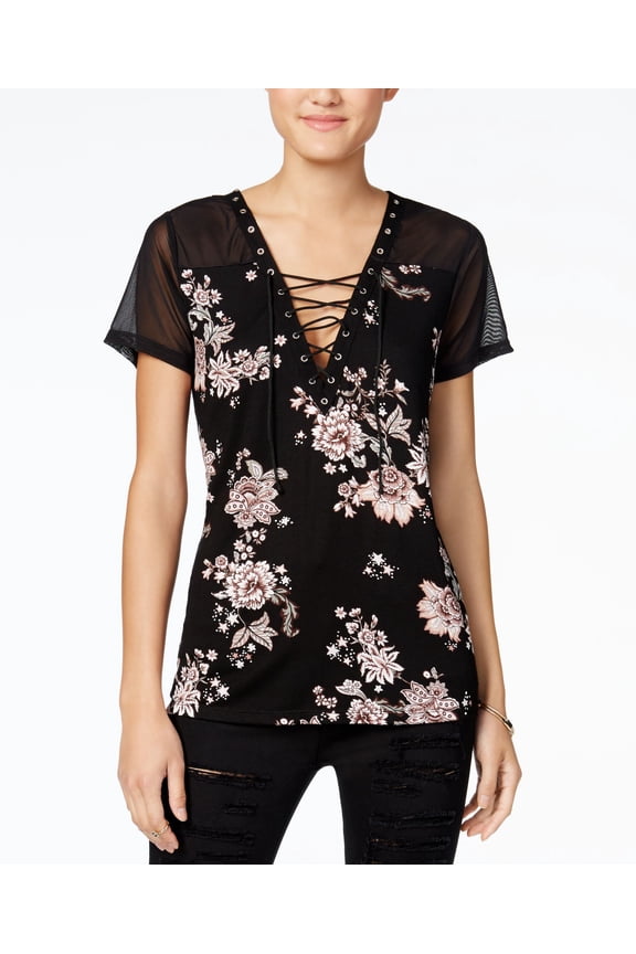 Gypsies Moondust Juniors Lace Up T-Shirt Black Floral XS