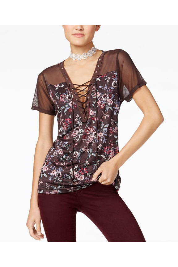 Gypsies Moondust Juniors Lace Up T-Shirt Grey Floral S