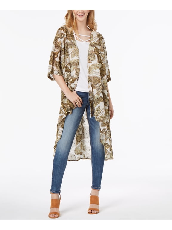 Gypsies Moondust Juniors Metallic Print Duster Kimono Ivory Leaf M
