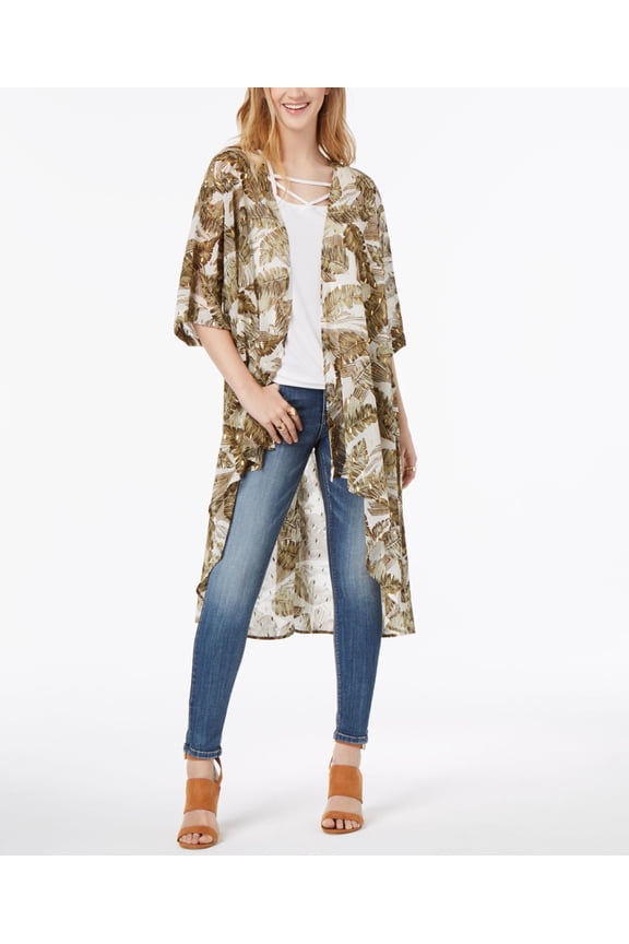 Gypsies Moondust Juniors Metallic Print Duster Kimono Ivory Leaf M