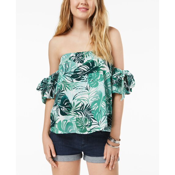 Gypsies Moondust Juniors Off The Shoulder Tie Sleeve Top Green Leaf XS