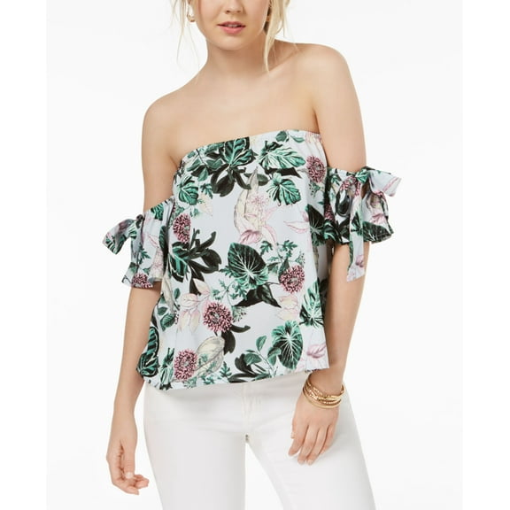 Gypsies Moondust Juniors Off The Shoulder Tie Sleeve Top Grey Floral XL