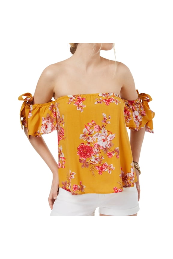 Womens Tie-Sleeve Off the Shoulder Blouse, Yellow, Juniors, X-Large