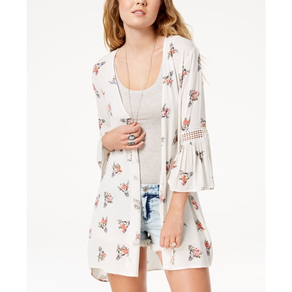 Gypsies Moondust Juniors Printed Bell Sleeved Kimono Ivory Skull L