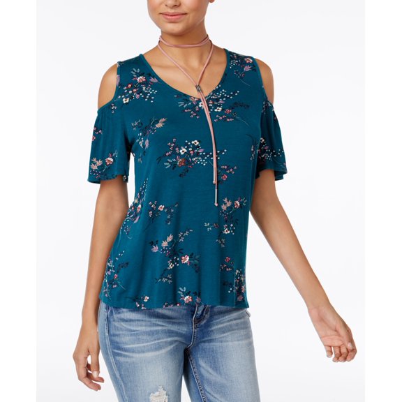 Gypsies Moondust Juniors Printed Cold Shoulder Lace Back Top Enamel Blue Print M