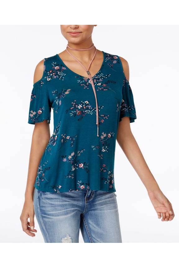 Gypsies Moondust Juniors Printed Cold Shoulder Lace Back Top Enamel Blue Print M