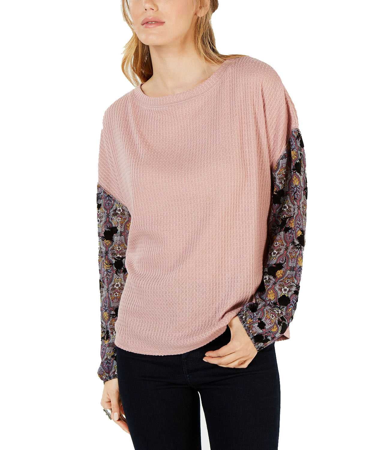 Gypsies Moondust Juniors' Printed-Sleeve Waffle-Knit Top (Pink