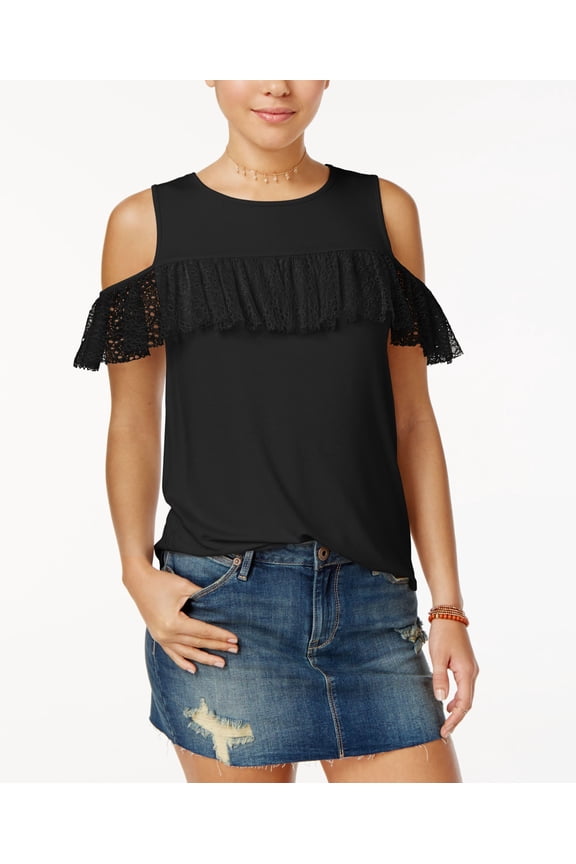 Gypsies Moondust Juniors Ruffle Trim Cold Shoulder Top Black M