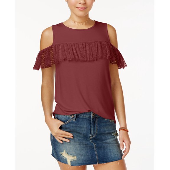 Gypsies Moondust Juniors Ruffle Trim Cold Shoulder Top Cedar M