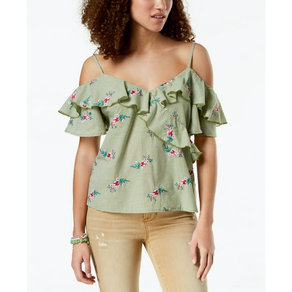 Gypsies Moondust Juniors Ruffled Gingham Off The Shoulder Blouse Greenwhite Gingham L