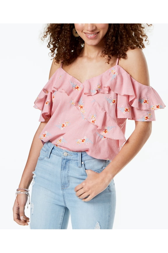 Gypsies Moondust Juniors Ruffled Gingham Off The Shoulder Blouse Pinkwhite Gingham L