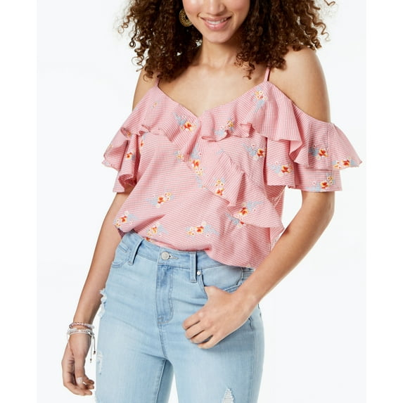 Gypsies Moondust Juniors Ruffled Gingham Off The Shoulder Blouse Pinkwhite Gingham L