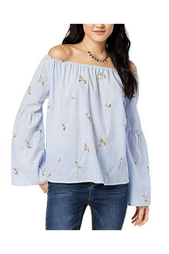 Gypsies Moondust Juniors Striped Embroidered Off The Shoulder Top Blue White XL
