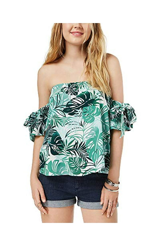 Juniors' Off-The-Shoulder Tie-Sleeve Top Green Leaf M