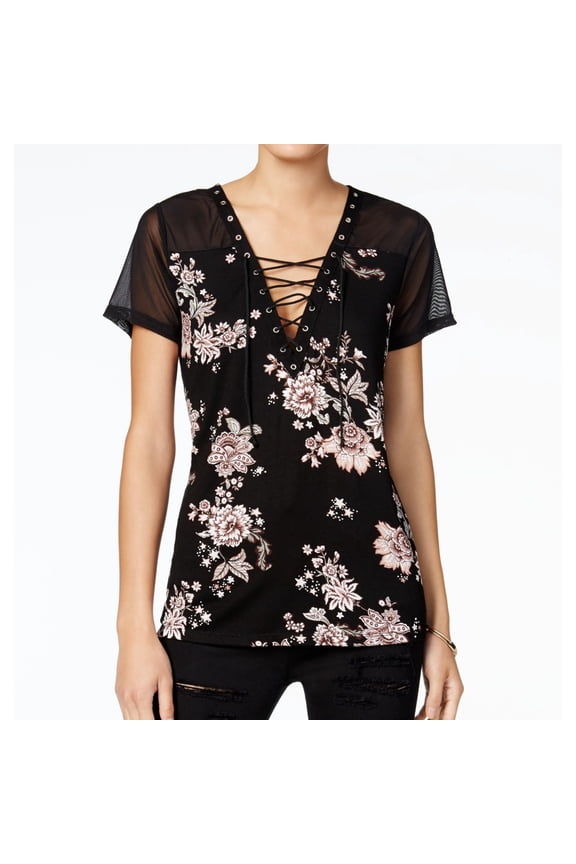 Womens Lace-Up Basic T-Shirt, Black, Juniors, Small