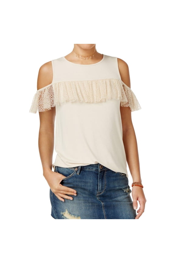 Womens Ruffle Trim Knit Blouse, Beige, Juniors, Small