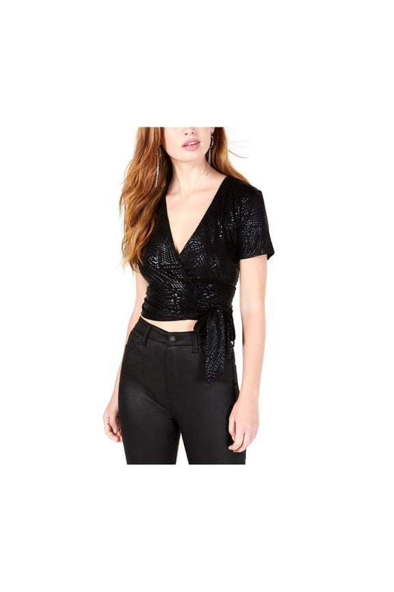 Womens Tie-Hem Crop Top Blouse, Black, Large