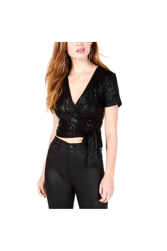 Womens Tie-Hem Crop Top Blouse, Black, Juniors, X-Small