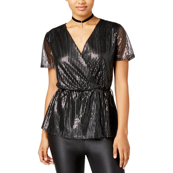 Gypsies and Moondust Womens Juniors Be Bop Sequined Wrap Top Black L