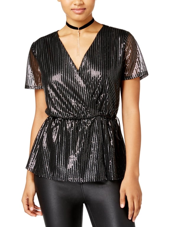 Gypsies and Moondust Womens Juniors Be Bop Sequined Wrap Top Black L