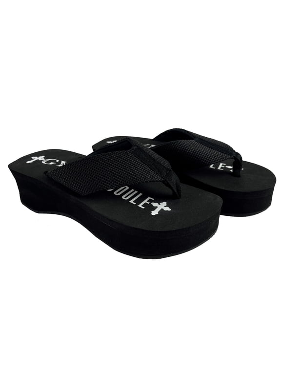Platform Wedge Flip Flops, 2in Comfort Heel Thong Sandals, Black New