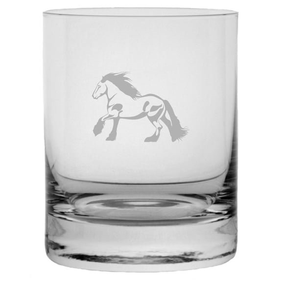 Gypsy Vanner Body Horse Themed Etched 10.25oz Crystal Rocks Whisky Glass