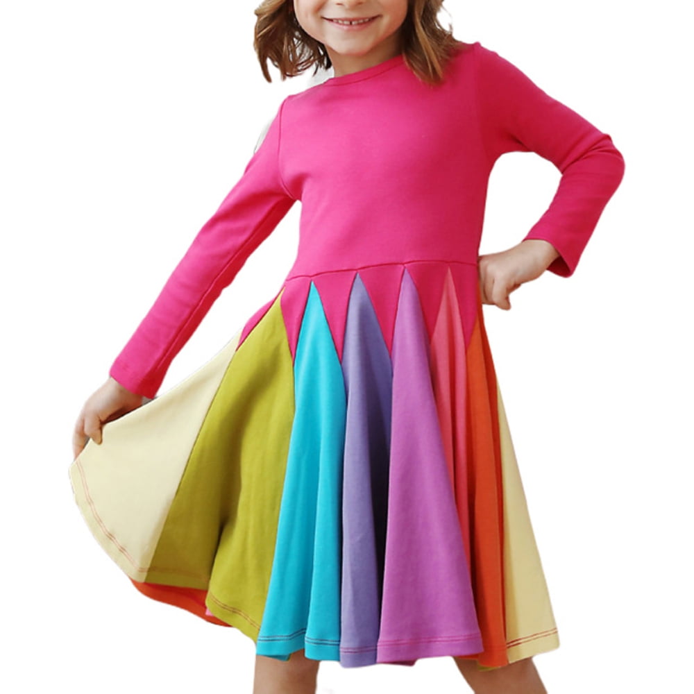 Gyratedream 1-6T Baby Girls Cotton Long Sleeve Rainbow Patchwork Jersey  Dress Casual Dress - Walmart.com