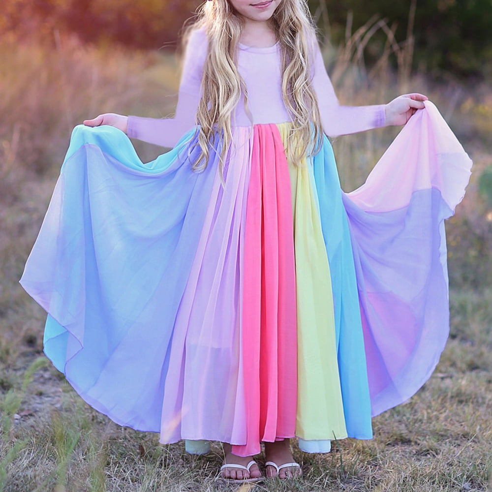 white christmas dresses Rainbow Stripe Cotton Rainbow Pinwheel Flower Tie Dress – Queen of Sparkles main image 1