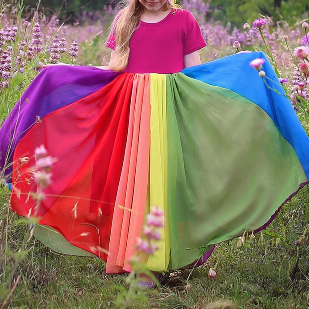 rainbow lace dress Pastel Rainbow Lace Floral Girls Party Dress