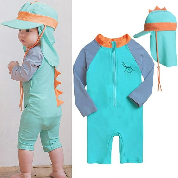 Gyratedream 1-7T Kids Boys Girls Long Sleeve Zip Up Jumpsuit Swimsuit Sun Hat 3D Dinosuar Swimwear Set