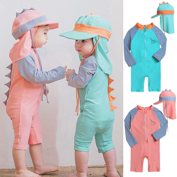 Gyratedream 1-7T Kids Girls Boys Long Sleeve Zip Up Jumpsuit Swimsuit Sun Hat 3D Dinosuar Swimwear Set