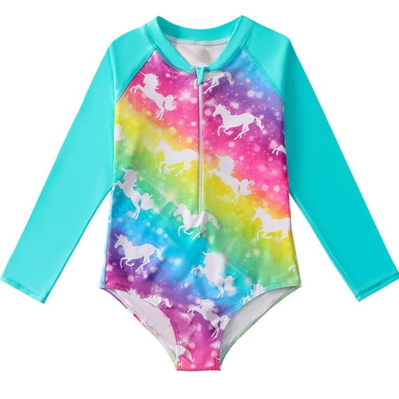 Gyratedream 1-8 Years Girls Rainbow Long Sleeve Rash Guard UPF 50+ One-Pieces Swimsuit