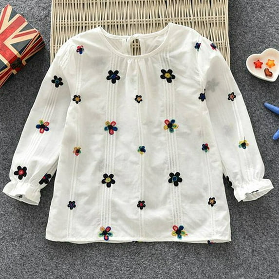 Gyratedream 1-8Y Spring Kids Baby Girl Long Sleeve Embroidered Floral Blouse Shirt Tops