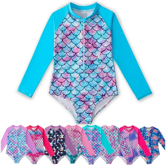 Gyratedream 2-12 Years Girls Mermaid Long Sleeve Rash Guard UPF 50+ One-Pieces Swimsuit