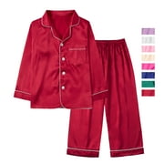 Gyratedream 3-14Y Child Girl Boy Silk Satin Button Down Long Sleeve Pajamas Set Sleepwear