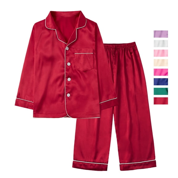 Gyratedream 3-14Y Child Girl Boy Silk Satin Button Down Long Sleeve Pajamas Set Sleepwear