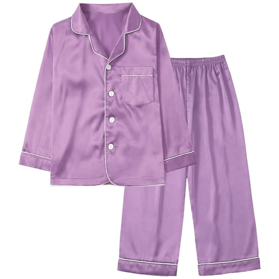 Gyratedream 3-14Y Child Girl Boy Silk Satin Button Down Long Sleeve Pajamas Set Sleepwear