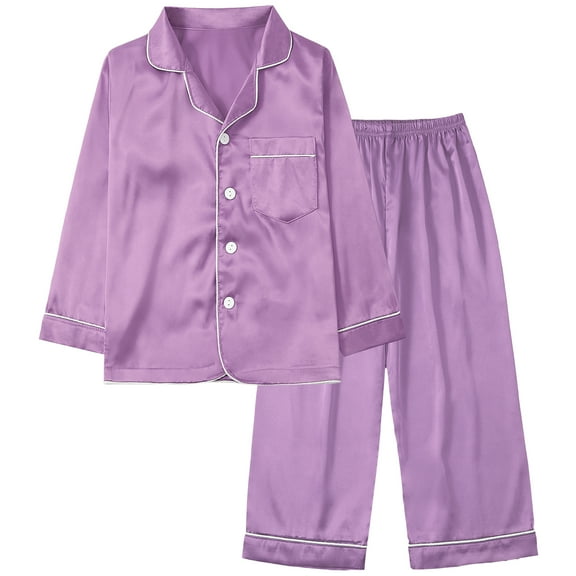 Gyratedream 3-14Y Child Girl Boy Silk Satin Button Down Long Sleeve Pajamas Set Sleepwear