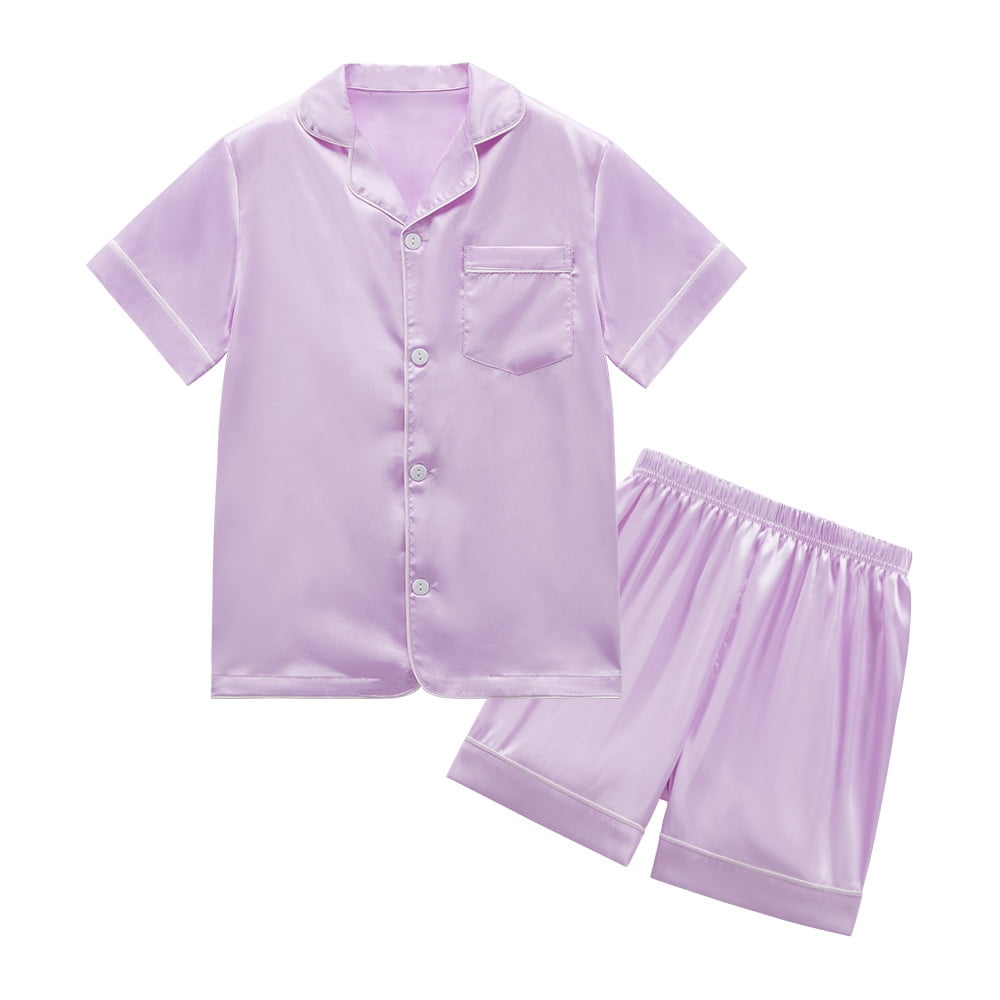 GYRATEDREAM Child Girls Floral Silk Satin Short Sleeve Shirts/Long Pants  Pajamas Set for 5-12 Years Kids