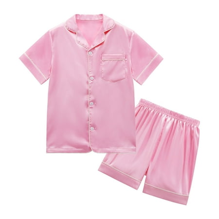 Gyratedream 4-14Y Child Girl Boy Silk Satin Pajamas Set,Short Sleeve Tops+Shorts Sleepwear Suit